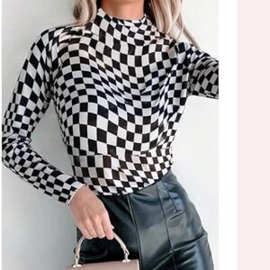 Black & White Checkerboard Mock Neck Long Sleeve Top